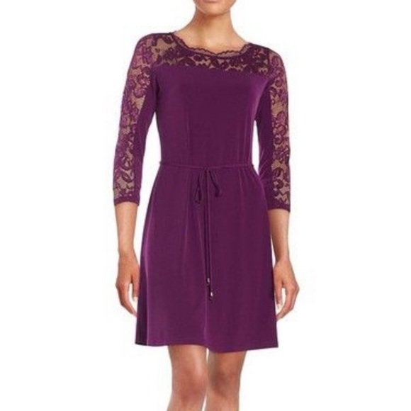 Ivanka Trump Lace Illusion Fit and Flare Dress Tie Waist Purple 4 Small - Picture 1 of 9